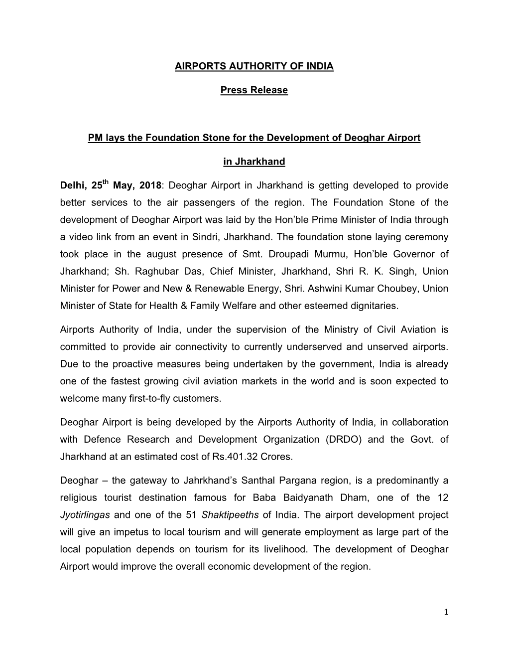 AIRPORTS AUTHORITY of INDIA Press Release PM Lays The