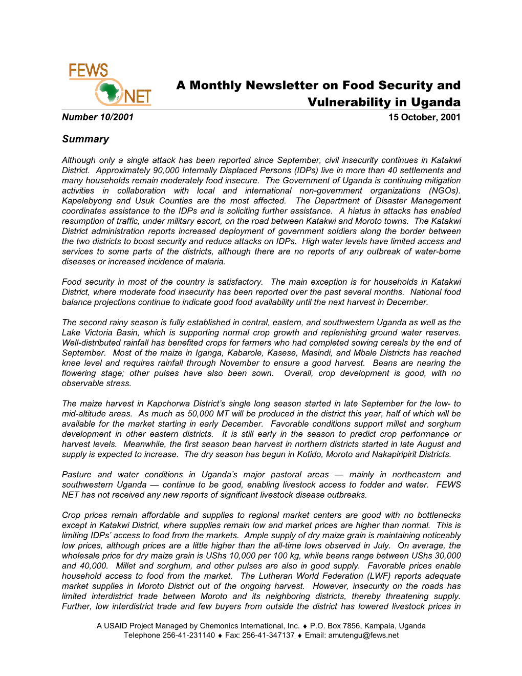 A Monthly Newsletter on Food Security and Vulnerability in Uganda Number 10/2001 15 October, 2001