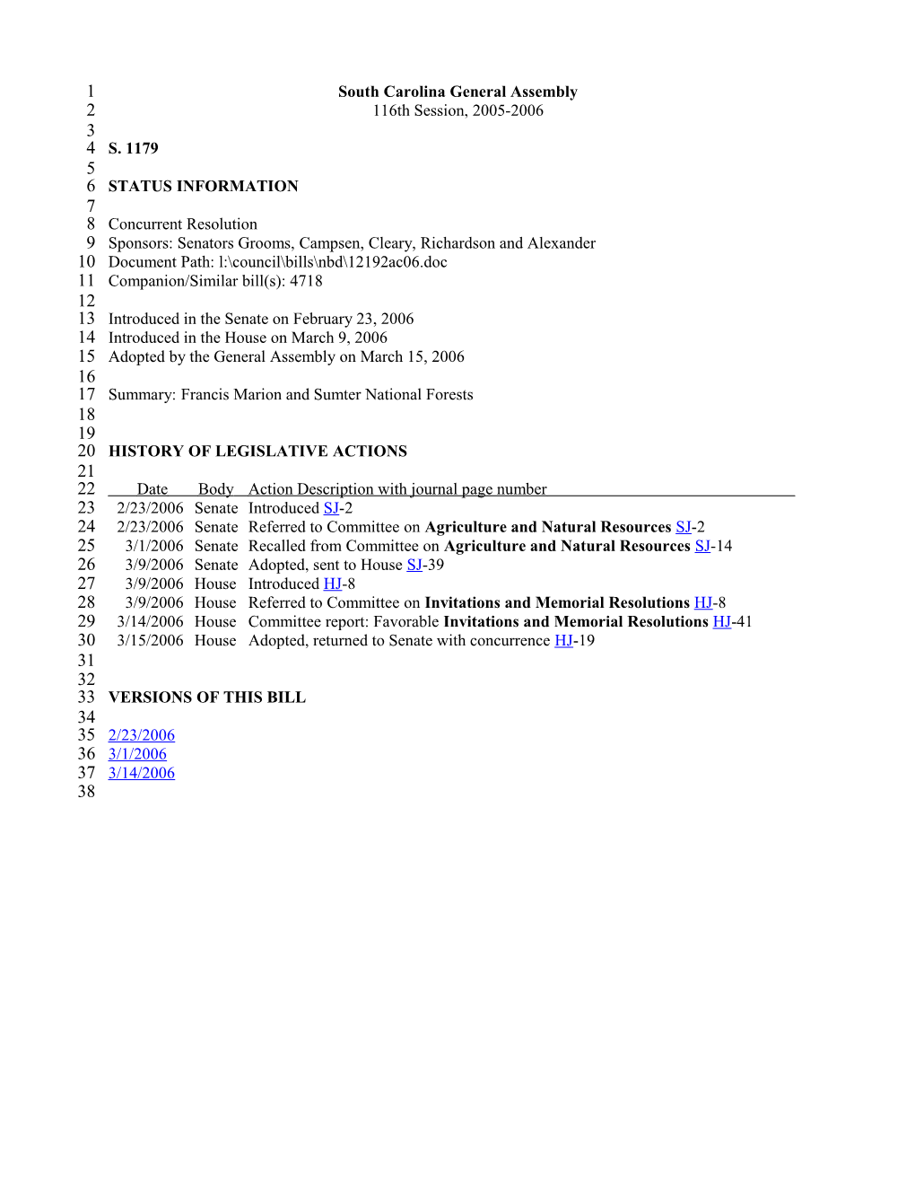 2005-2006 Bill 1179: Francis Marion and Sumter National Forests - South Carolina Legislature