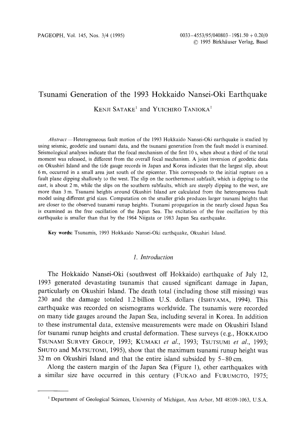 Tsunami Generation of the 1993 Hokkaido Nansei-Oki Earthquake