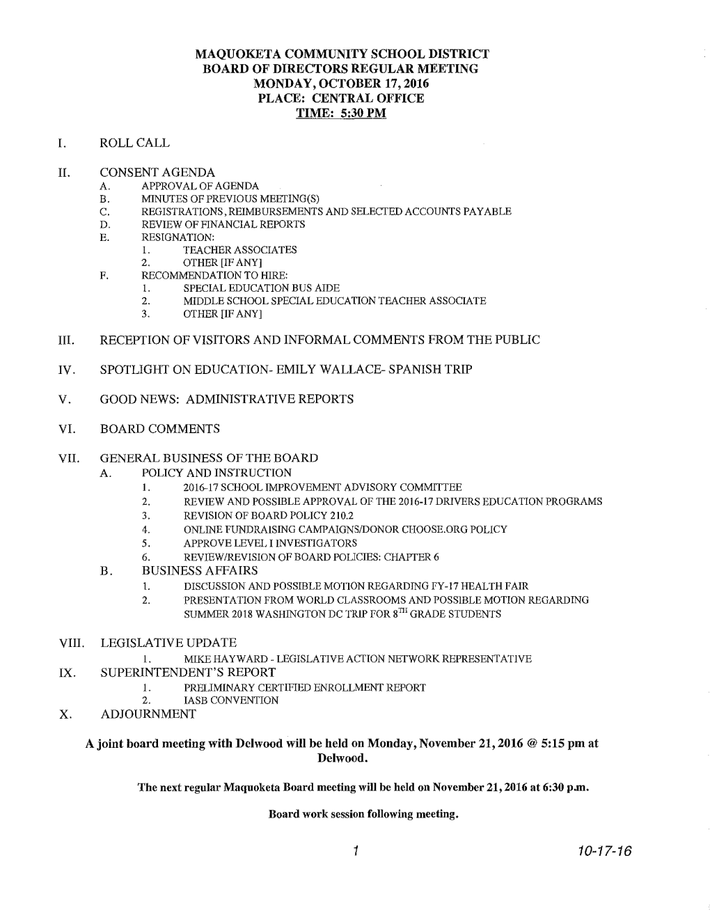 October 17 2016 Board Agenda