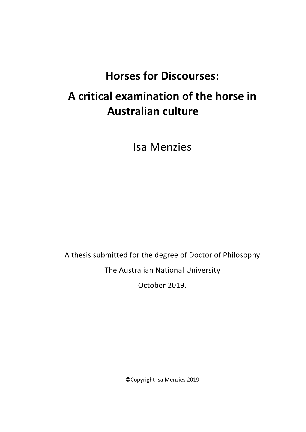 Horses for Discourses: a Critical Examination of the Horse in Australian Culture