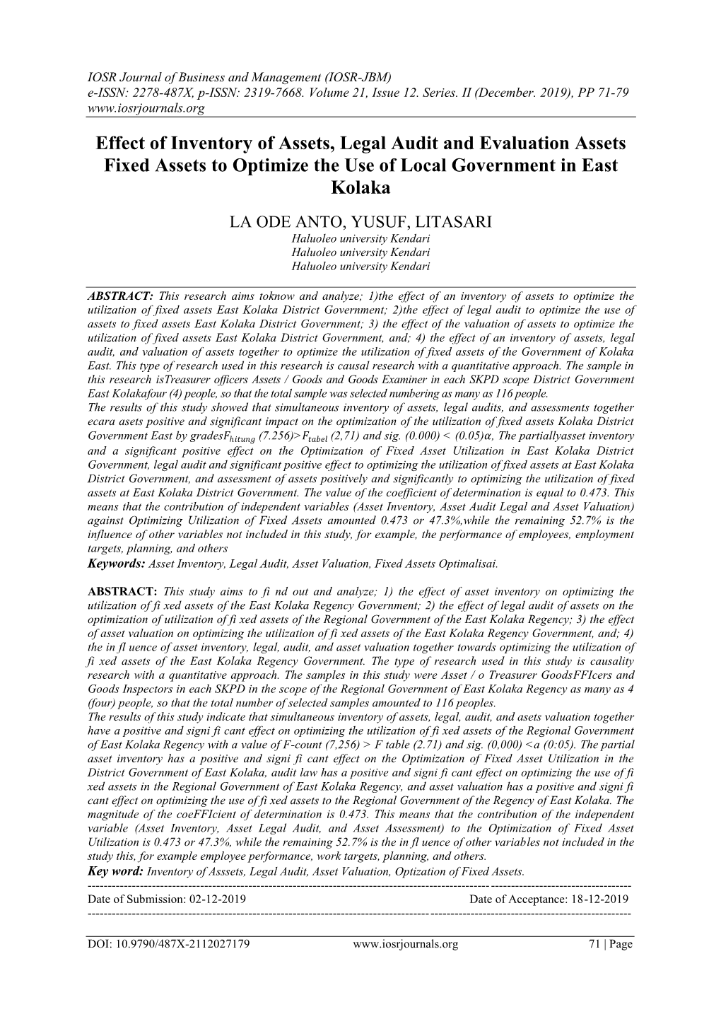 Effect of Inventory of Assets, Legal Audit and Evaluation Assets Fixed Assets to Optimize the Use of Local Government in East Kolaka