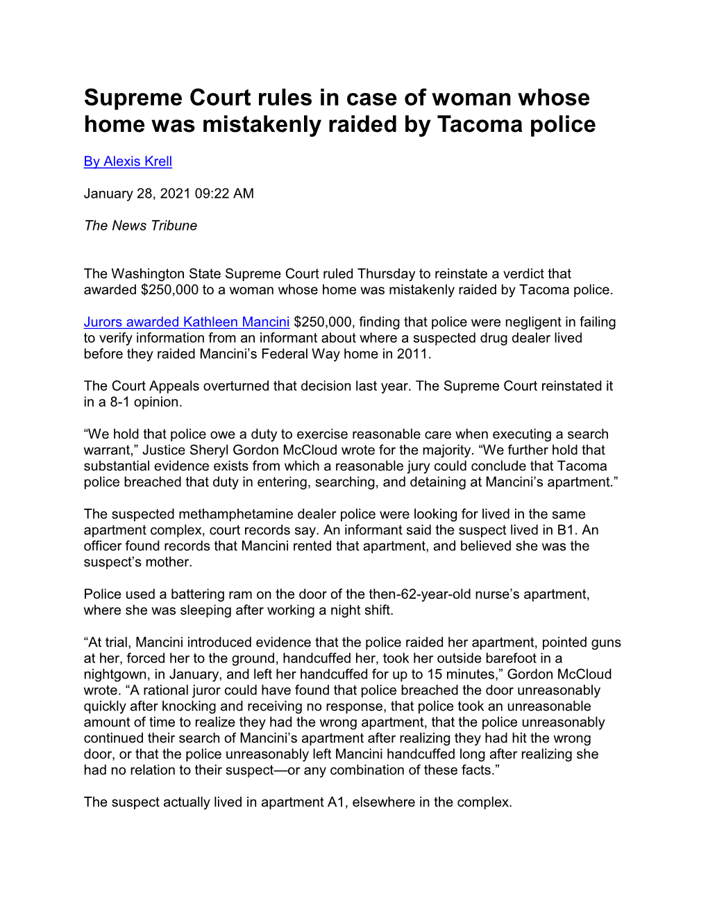 Supreme Court Rules in Case of Woman Whose Home Was Mistakenly Raided by Tacoma Police