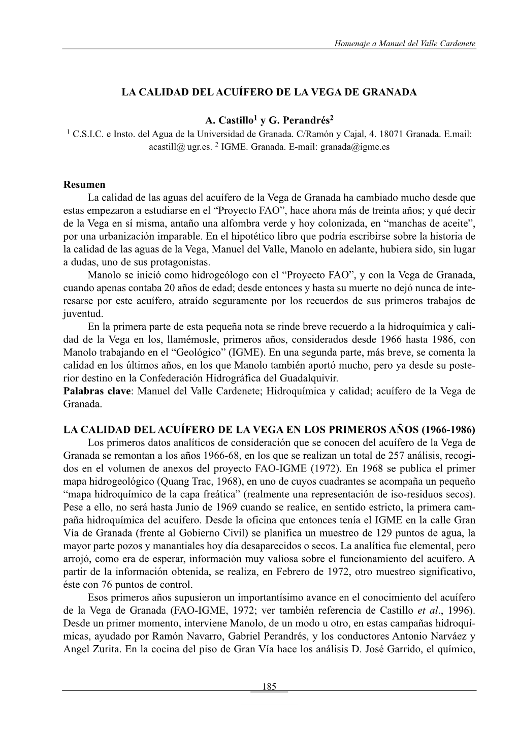 LA CALIDAD DEL ACUÈFERO DE LA VEGA DE GRANADA A. Castillo1 Y