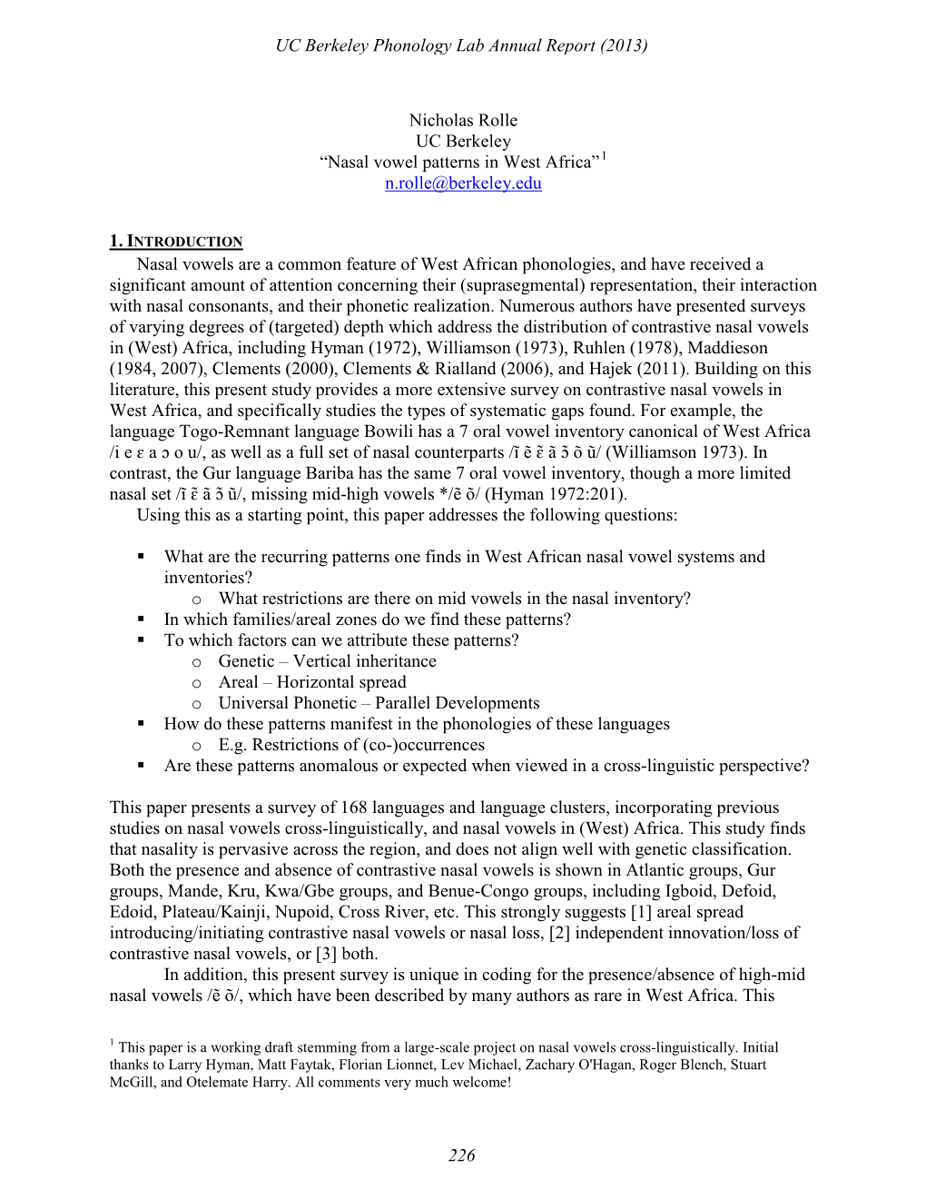 Nasal Vowel Patterns in West Africa” 1 N.Rolle@Berkeley.Edu