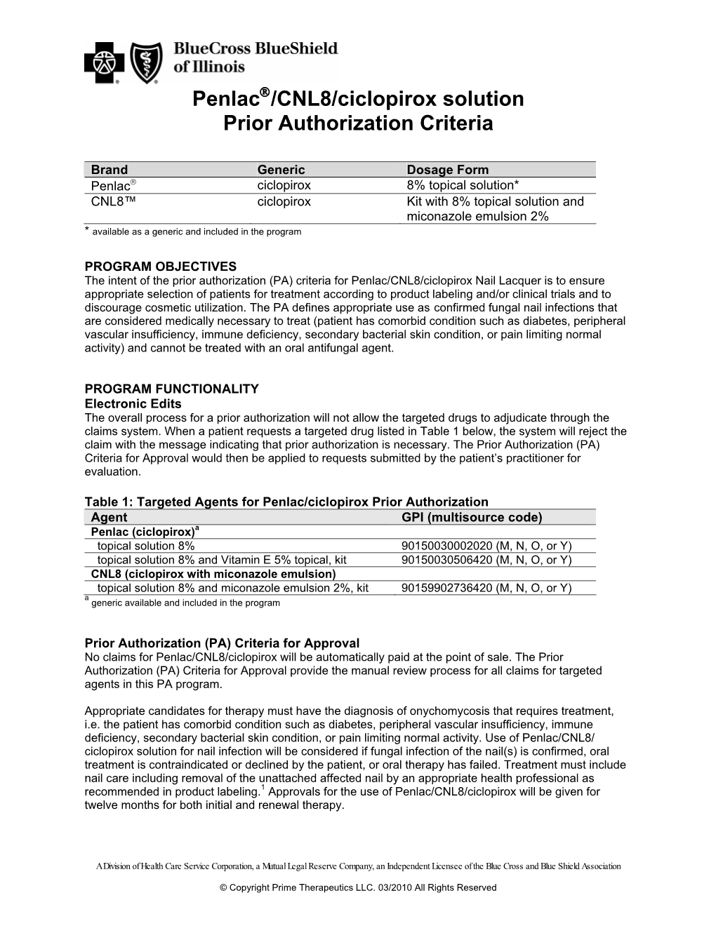 Penlac®/CNL8/Ciclopirox Solution Prior Authorization Criteria