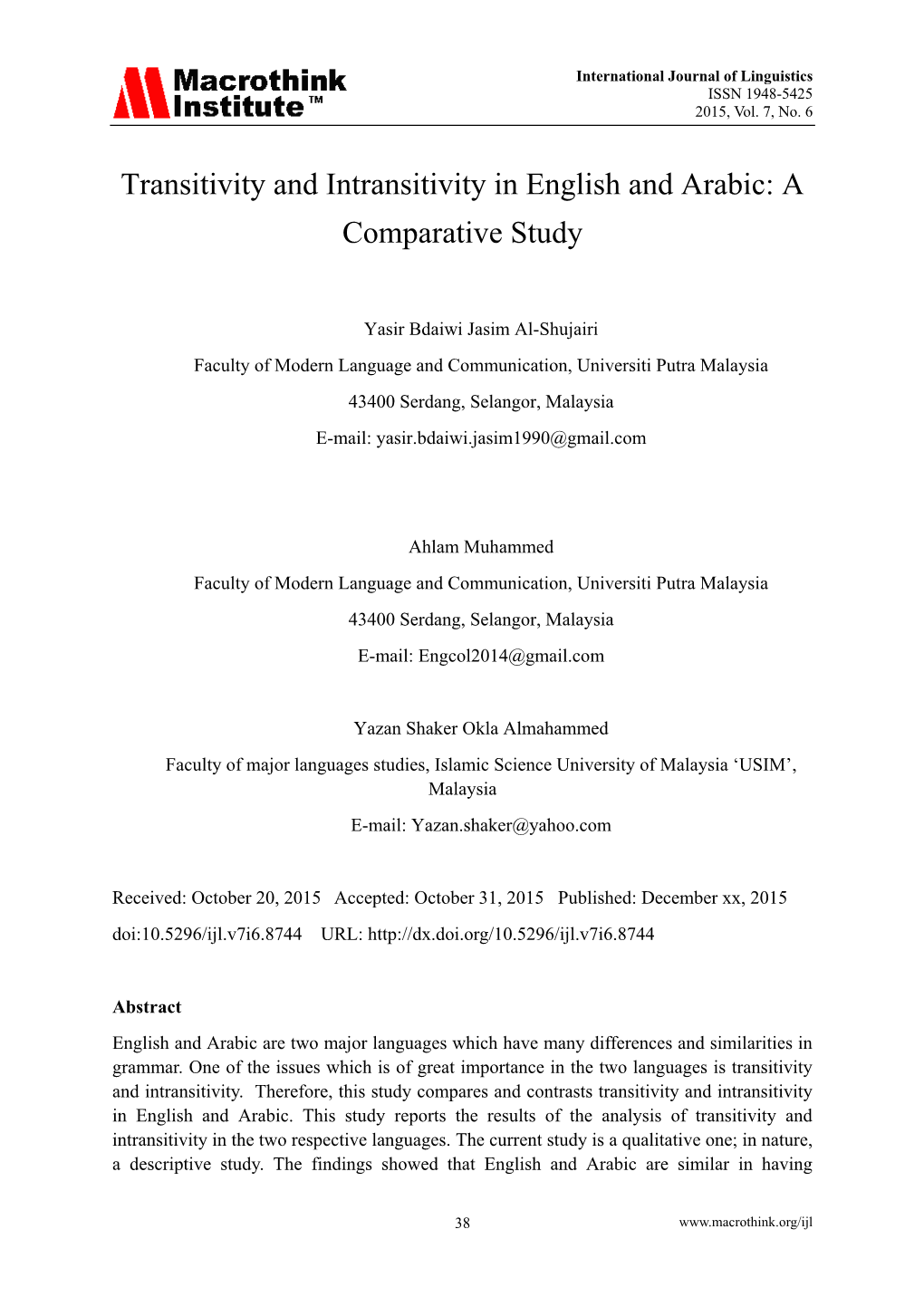 Transitivity and Intransitivity in English and Arabic: a Comparative Study