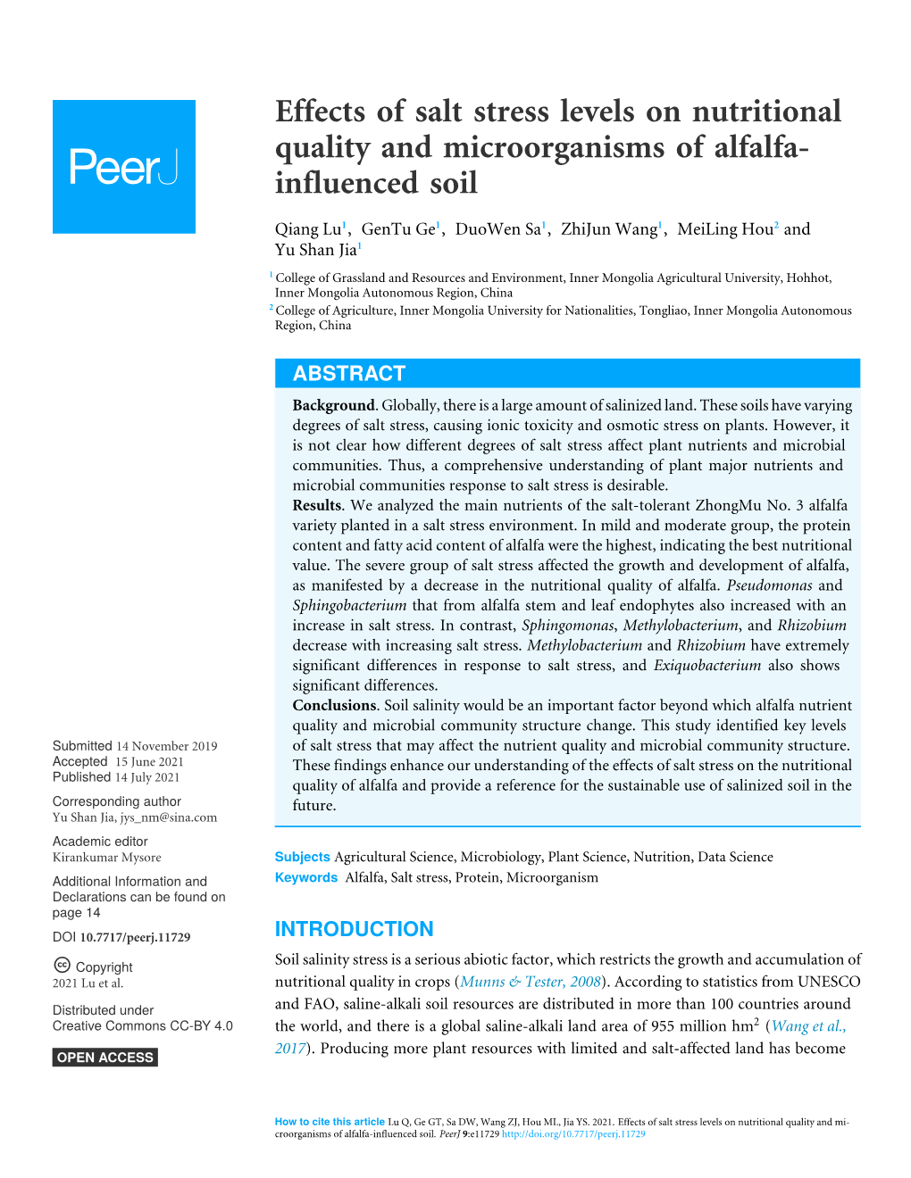 Effects of Salt Stress Levels on Nutritional Quality and Microorganisms of Alfalfa- Influenced Soil