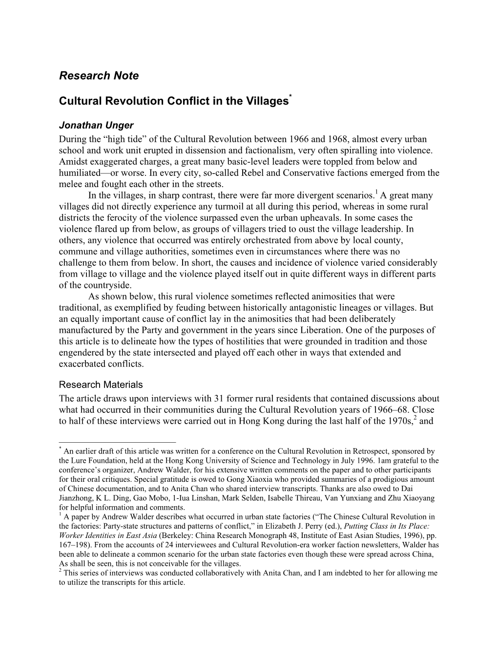 Research Note Cultural Revolution Conflict in the Villages