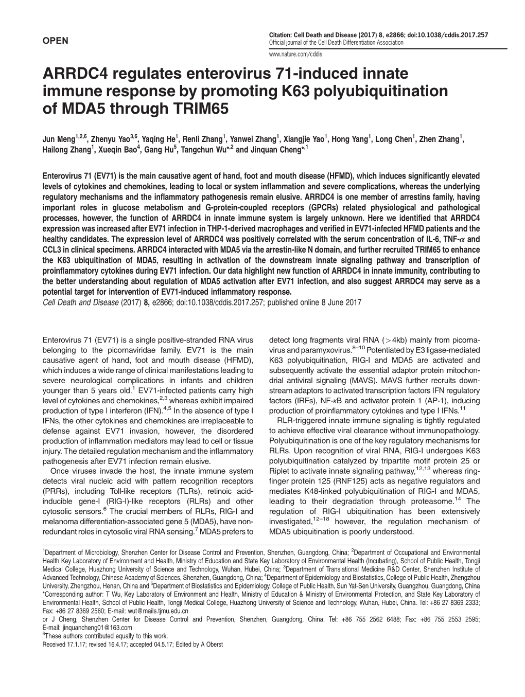 ARRDC4 Regulates Enterovirus 71-Induced Innate Immune Response by Promoting K63 Polyubiquitination of MDA5 Through TRIM65