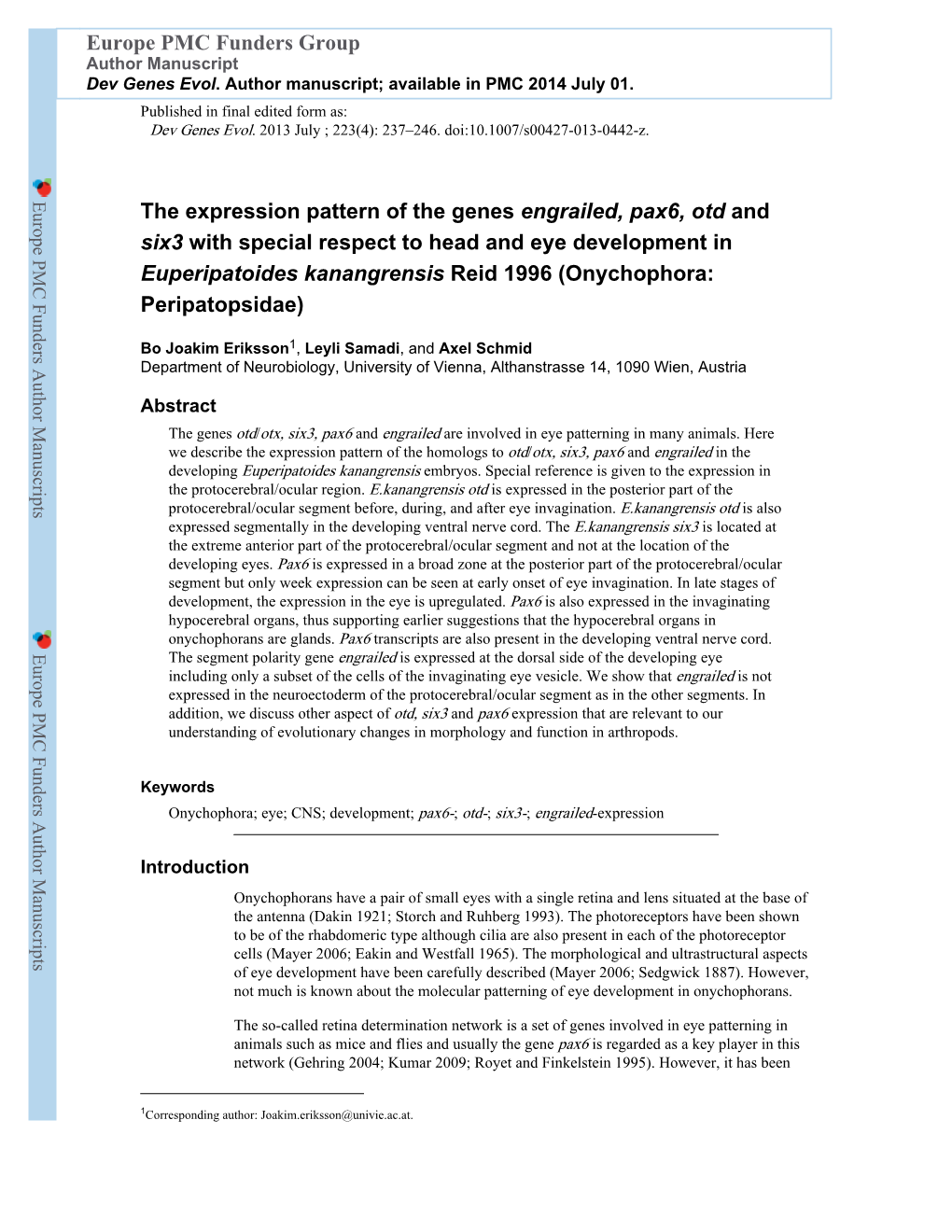 Europe PMC Funders Group Author Manuscript Dev Genes Evol