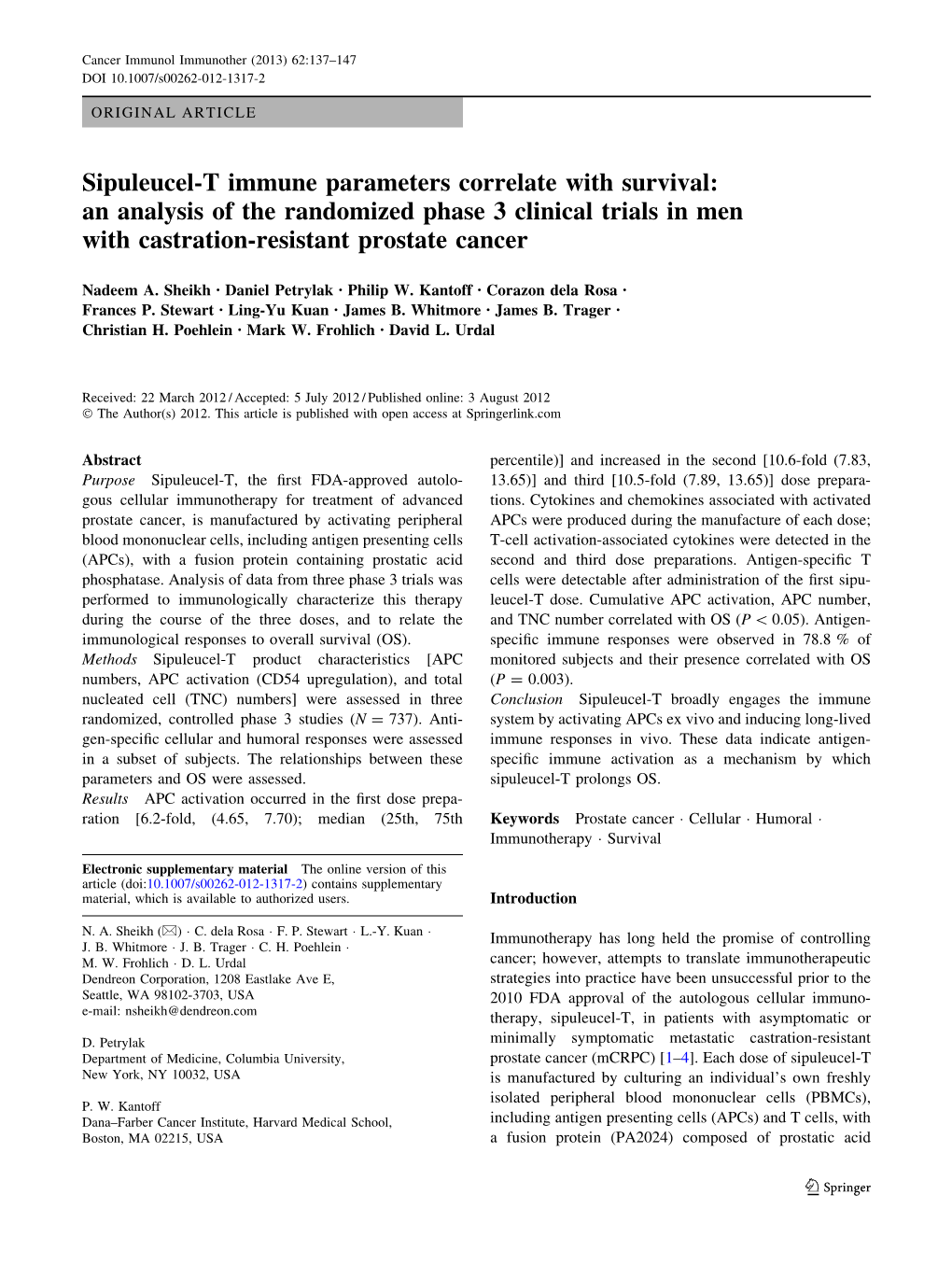 Sipuleucel-T Immune Parameters Correlate with Survival: an Analysis of the Randomized Phase 3 Clinical Trials in Men with Castration-Resistant Prostate Cancer