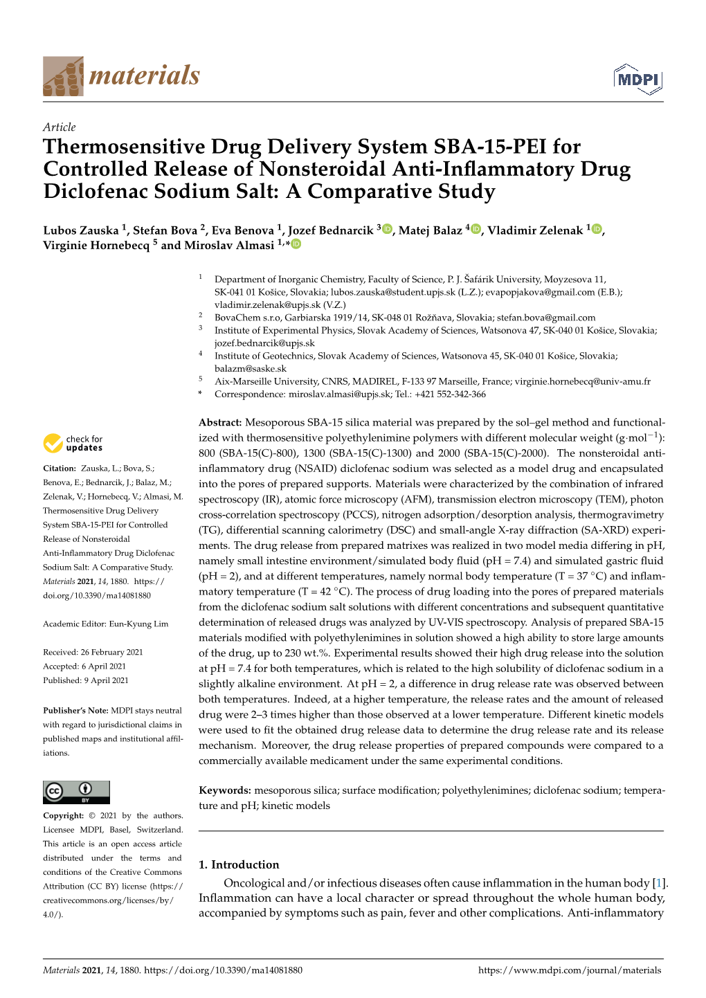 Thermosensitive Drug Delivery System SBA-15-PEI for Controlled Release of Nonsteroidal Anti-Inflammatory Drug Diclofenac Sodium