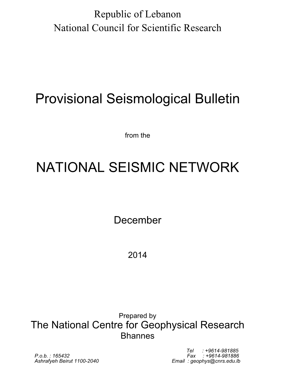 Provisional Seismological Bulletin NATIONAL SEISMIC