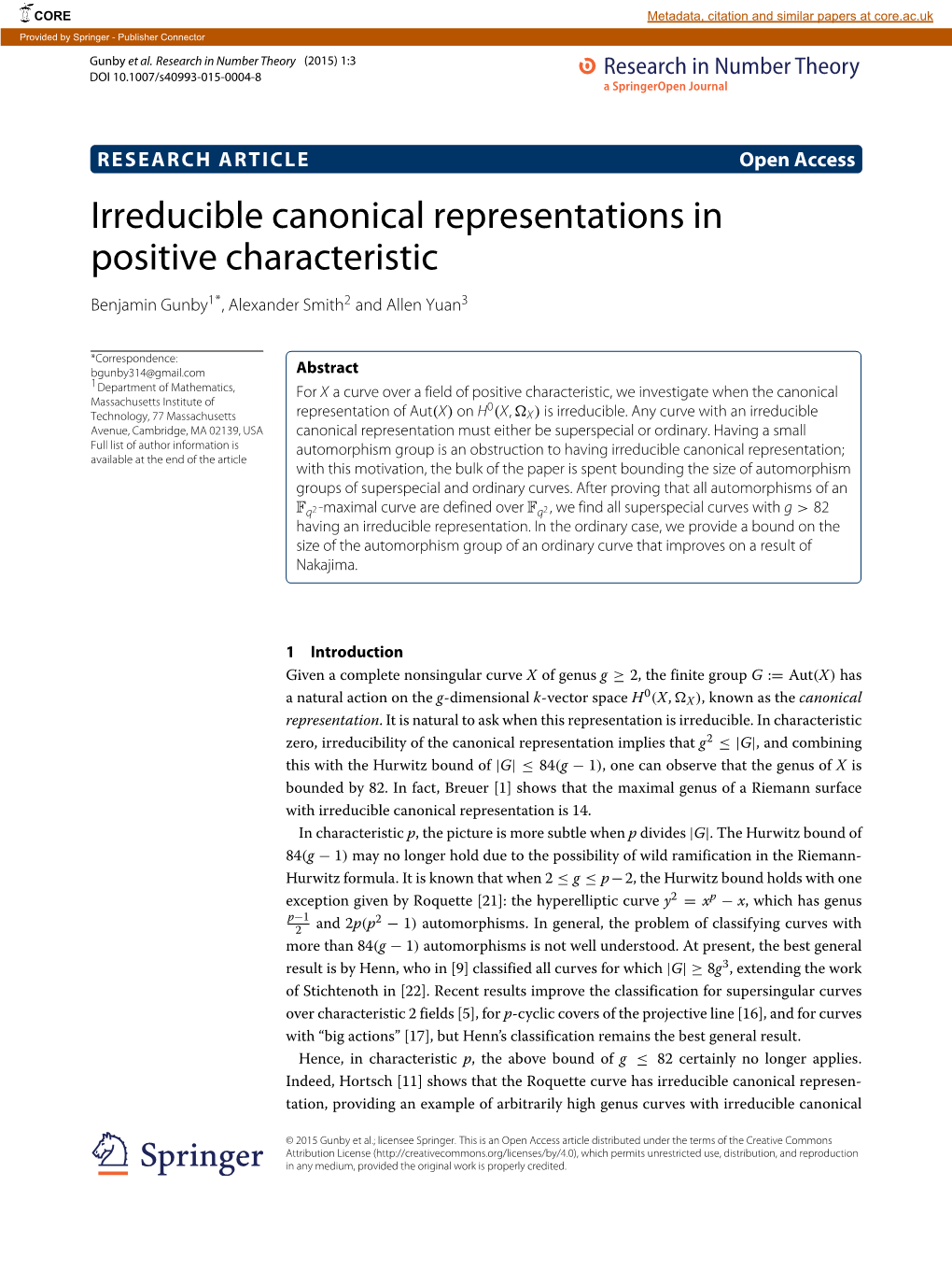 Irreducible Canonical Representations in Positive Characteristic