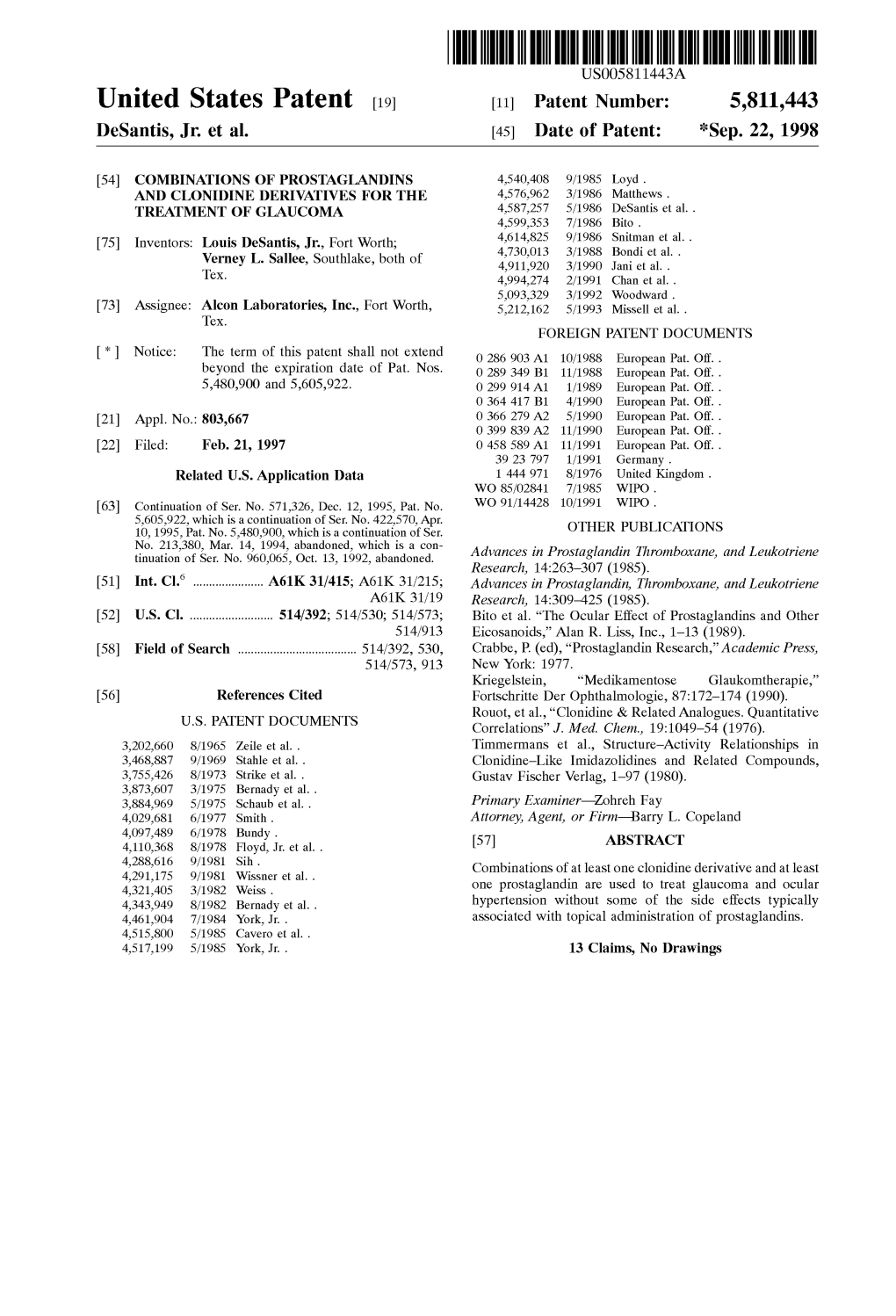 United States Patent (19) 11 Patent Number: 5,811,443 Desantis, Jr