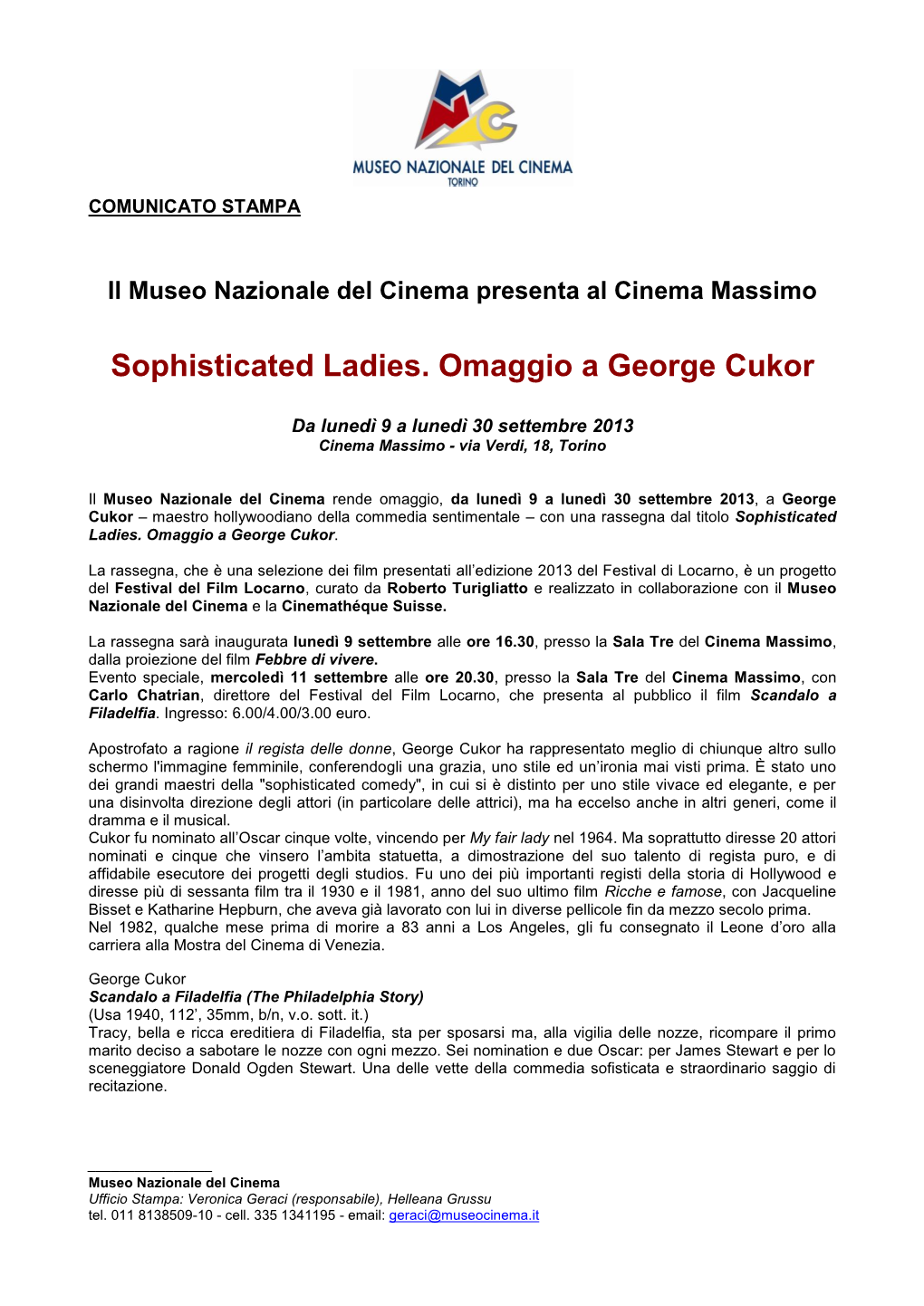 Sophisticated Ladies. Omaggio a George Cukor