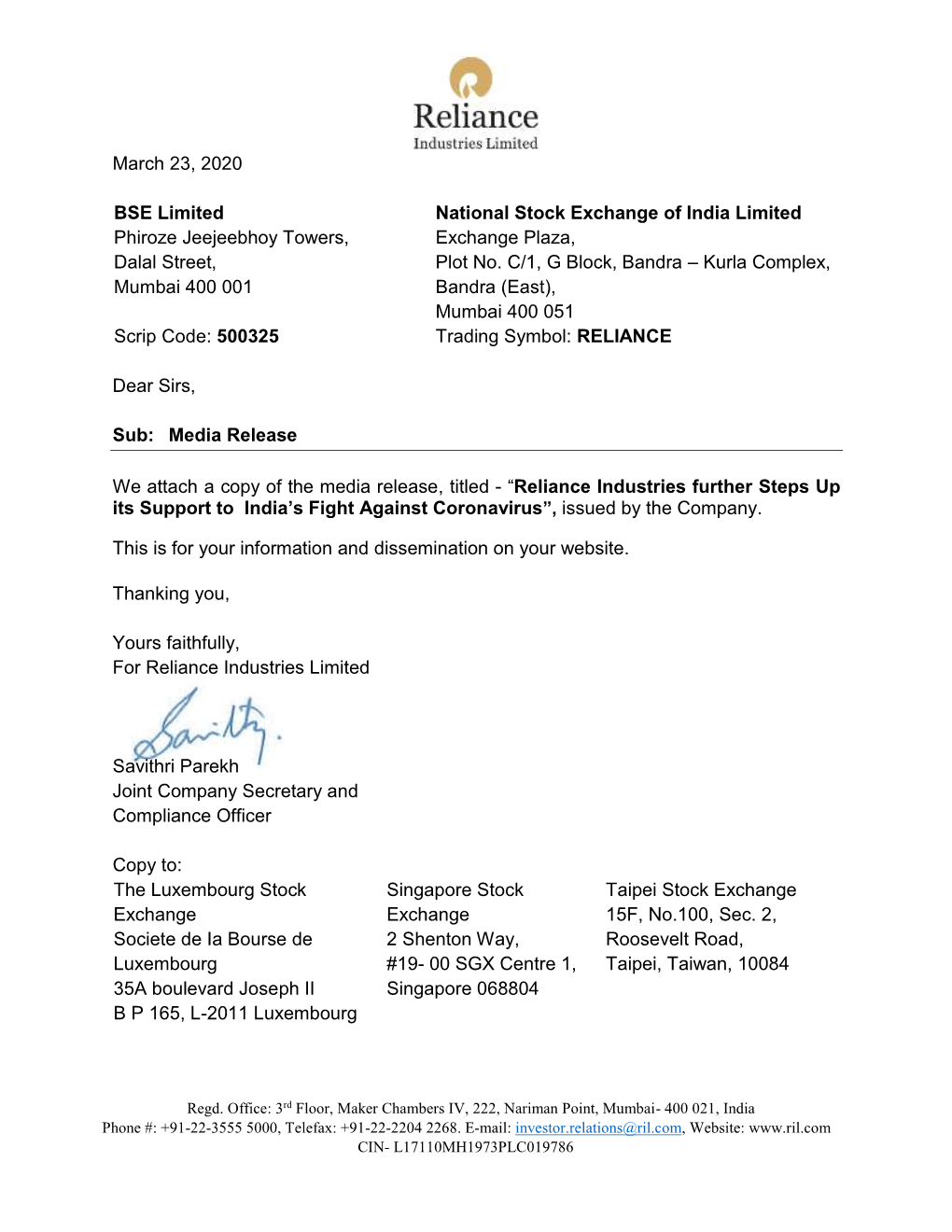 March 23, 2020 BSE Limited Phiroze Jeejeebhoy Towers, Dalal Street, Mumbai 400 001 Scrip Code: 500325 National Stock Exchange Of