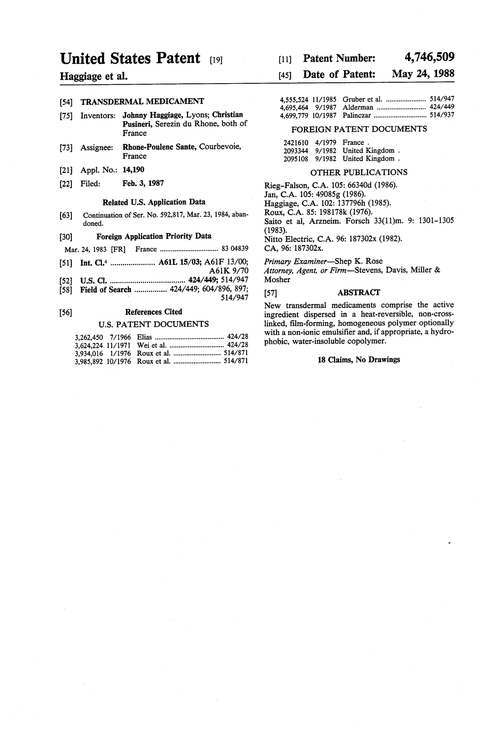 United States Patent (19) 11 Patent Number: 4,746,509 Haggiage Et Al