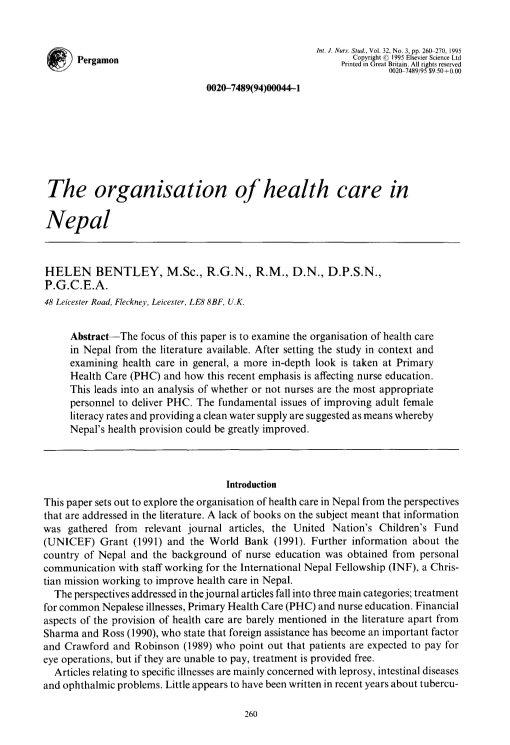 The Organisation of Health Care in Nepal