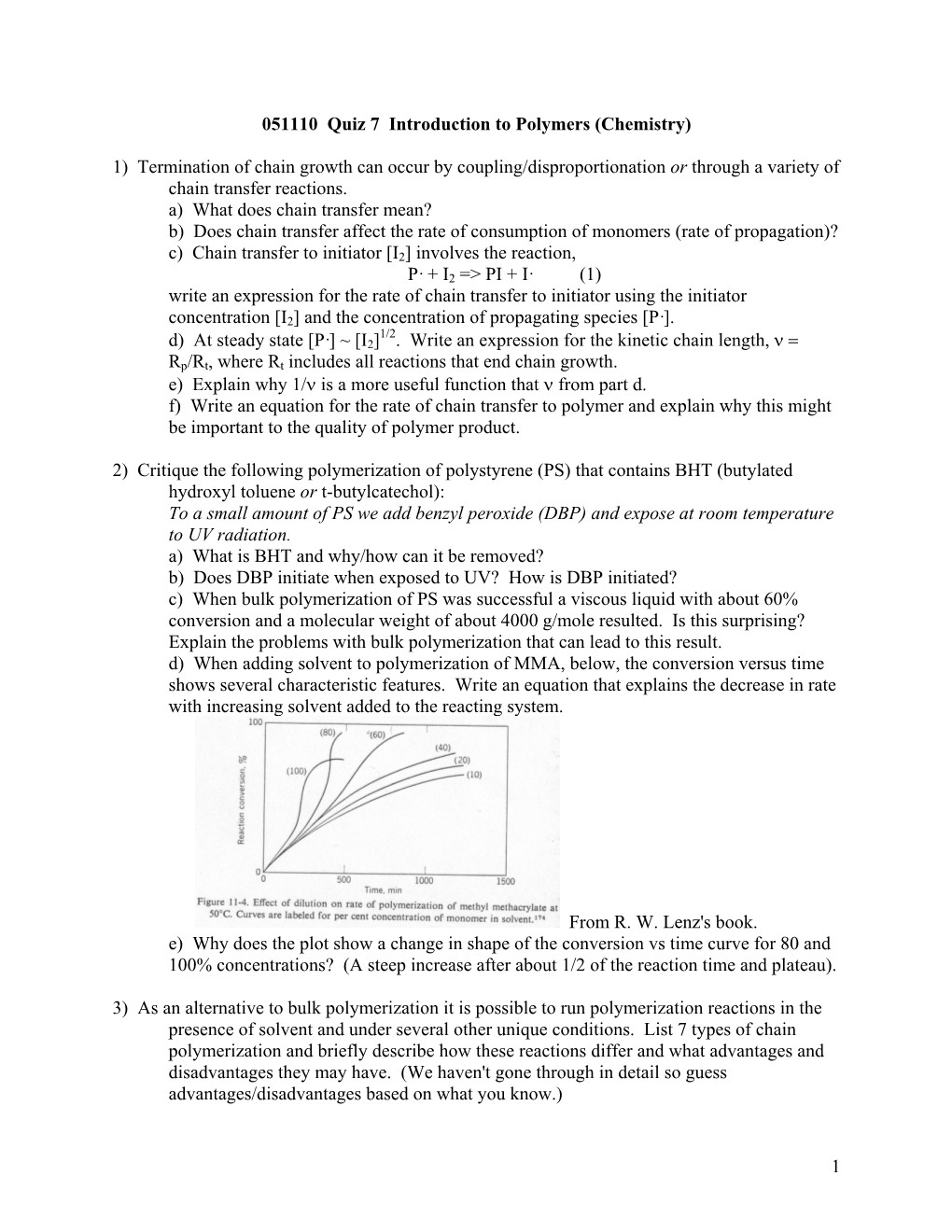 1 051110 Quiz 7 Introduction to Polymers (Chemistry)