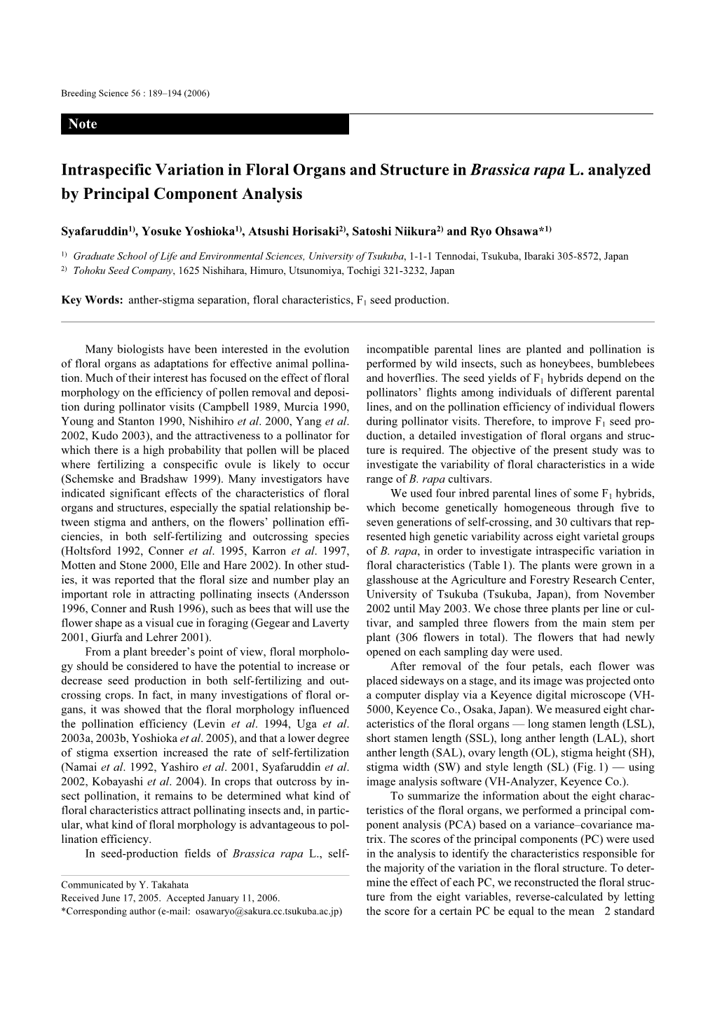 Intraspecific Variation in Floral Organs and Structure in Brassica Rapa L. Analyzed by Principal Component Analysis