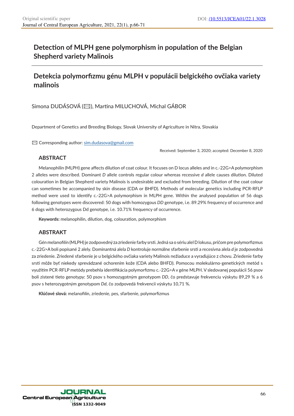 Detection of MLPH Gene Polymorphism in Population of the Belgian Shepherd Variety Malinois