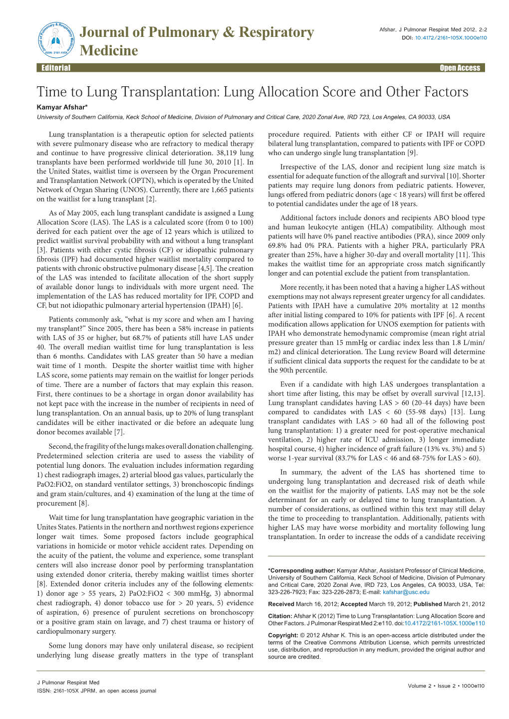 Time to Lung Transplantation: Lung Allocation Score and Other Factors