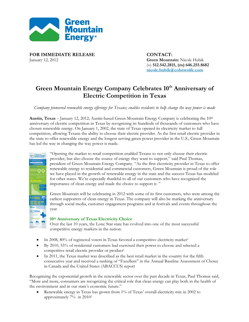 Green Mountain Energy Company Celebrates 10Th Anniversary of Electric Competition in Texas