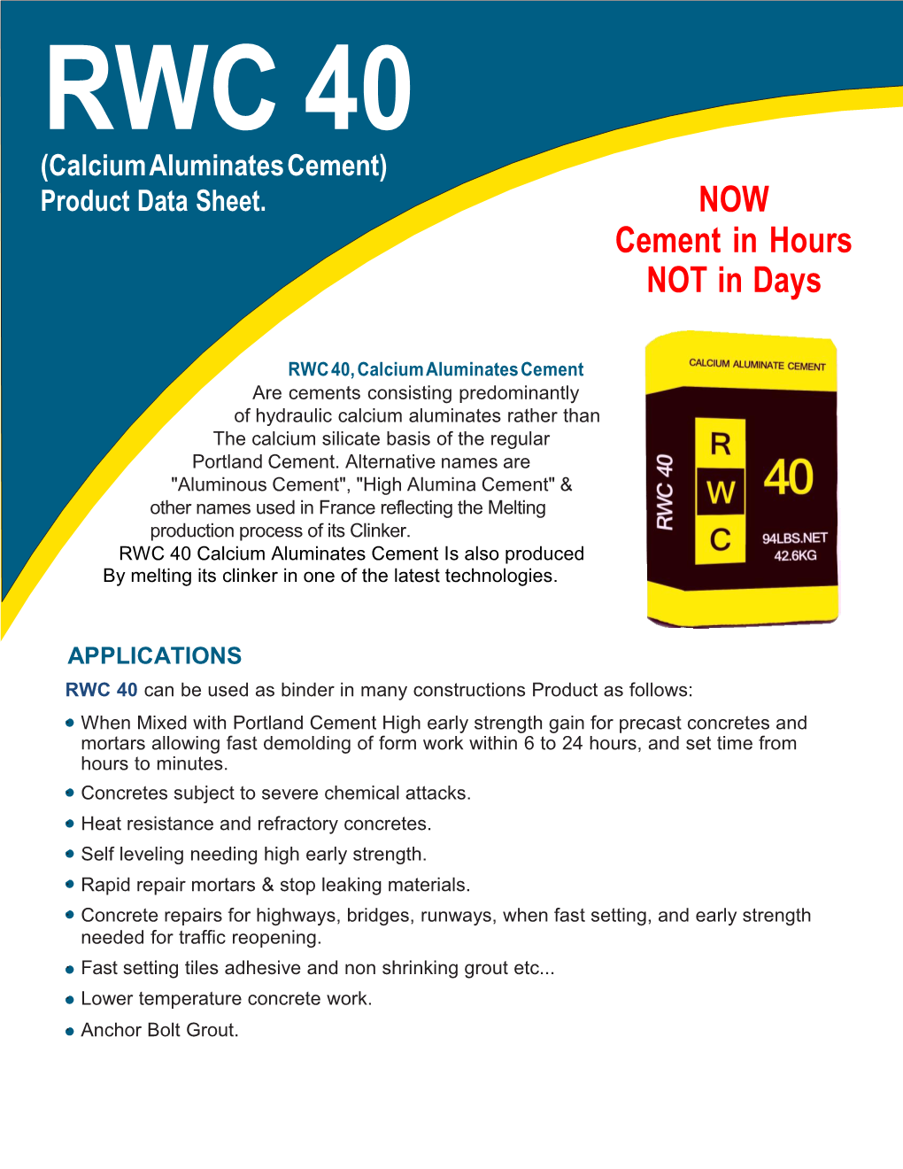 RWC 40 (Calcium Aluminates Cement) Product Data Sheet