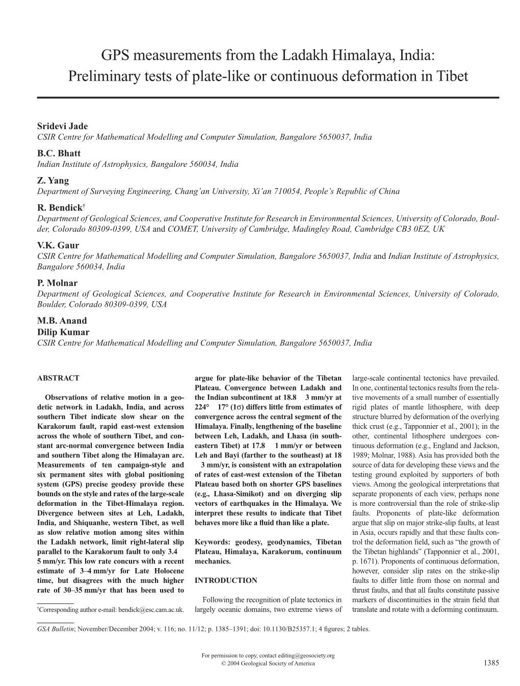 GPS Measurements from the Ladakh Himalaya, India: Preliminary Tests of Plate-Like Or Continuous Deformation in Tibet