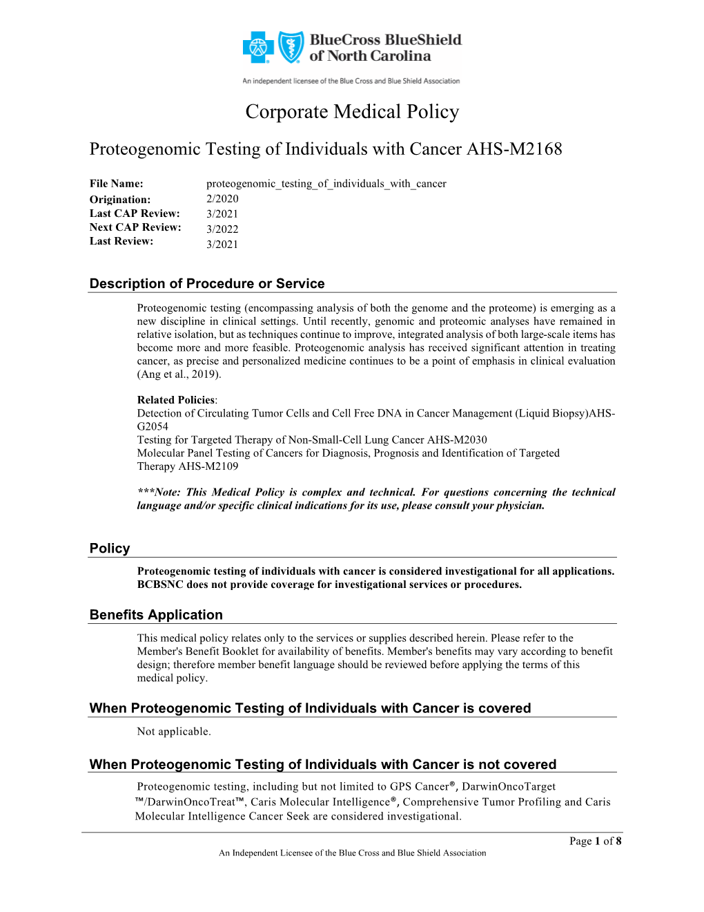 Proteogenomic Testing of Individuals with Cancer AHS-M2168