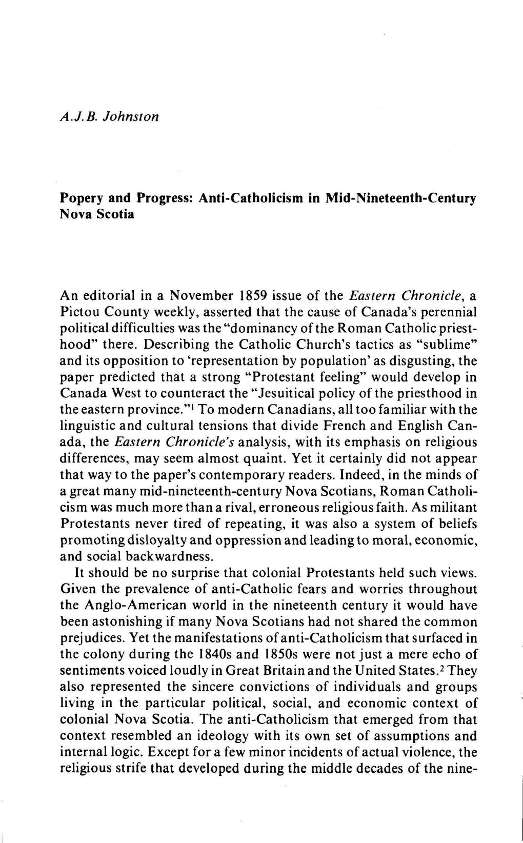 A.J.B. Johnston Popery and Progress: Anti-Catholicism in Mid-Nineteenth