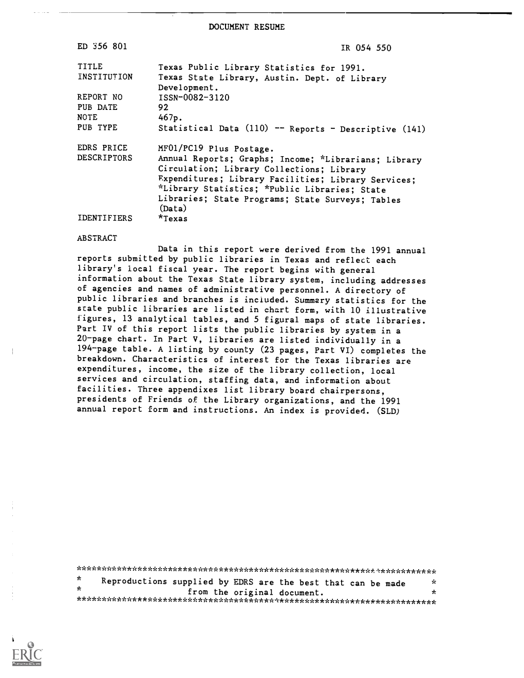 DOCUMENT RESUME IR 054 550 TITLE Texas Public Library