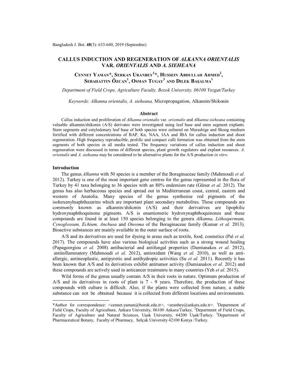 Callus Induction and Regeneration of Alkanna Orientalis Var. Orientalis and A