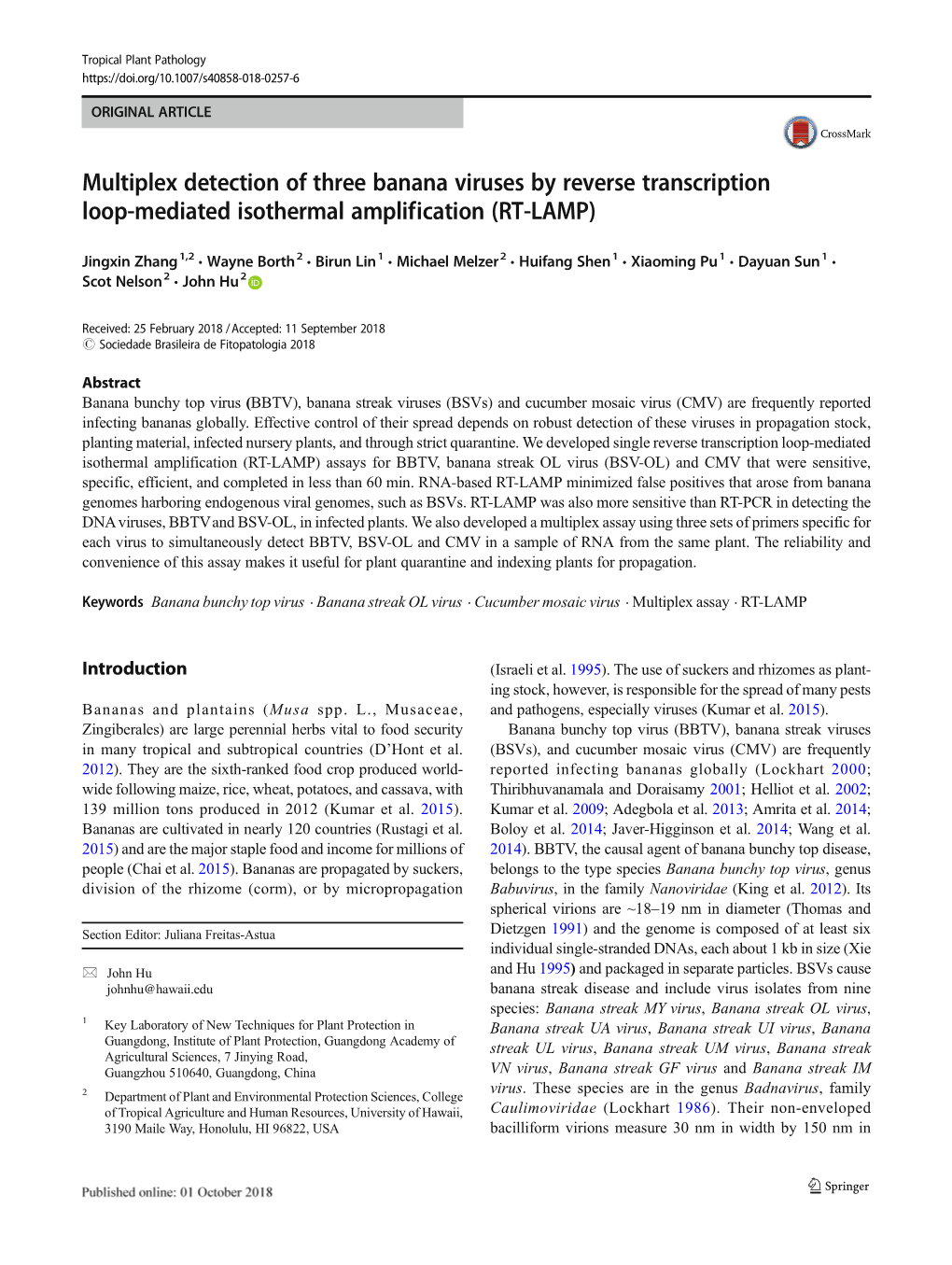 Multiplex Detection of Three Banana Viruses by Reverse Transcription Loop-Mediated Isothermal Amplification (RT-LAMP)