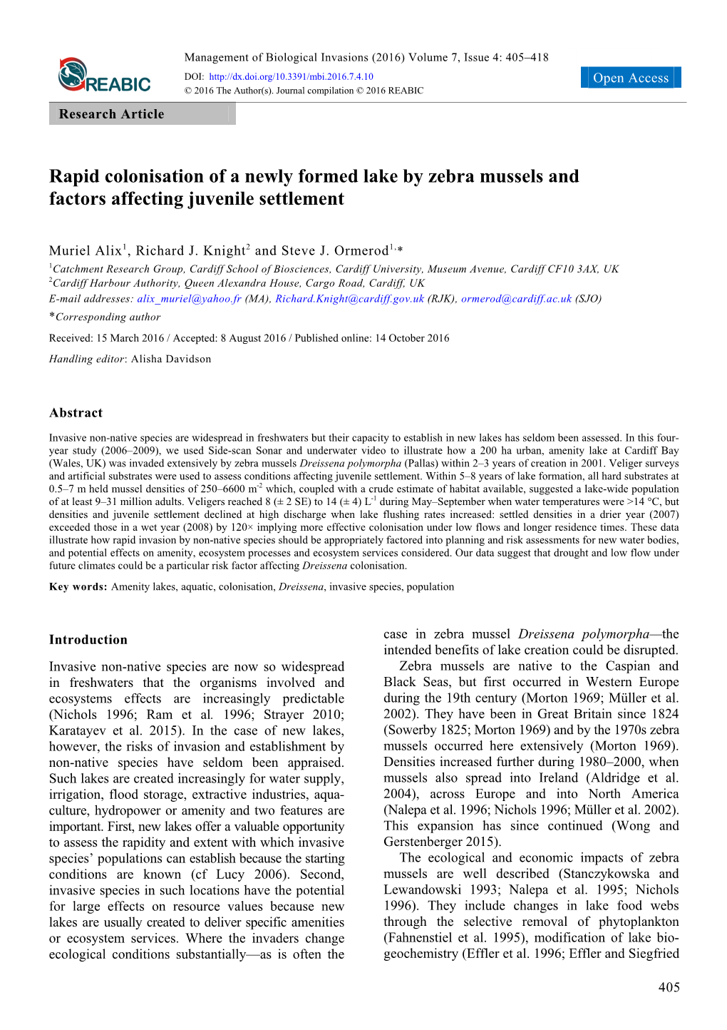 Rapid Colonisation of a Newly Formed Lake by Zebra Mussels and Factors Affecting Juvenile Settlement