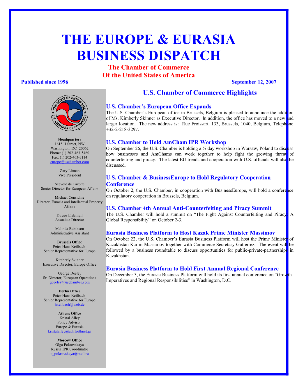 The Europe & Eurasia Business Dispatch September 12, 2007