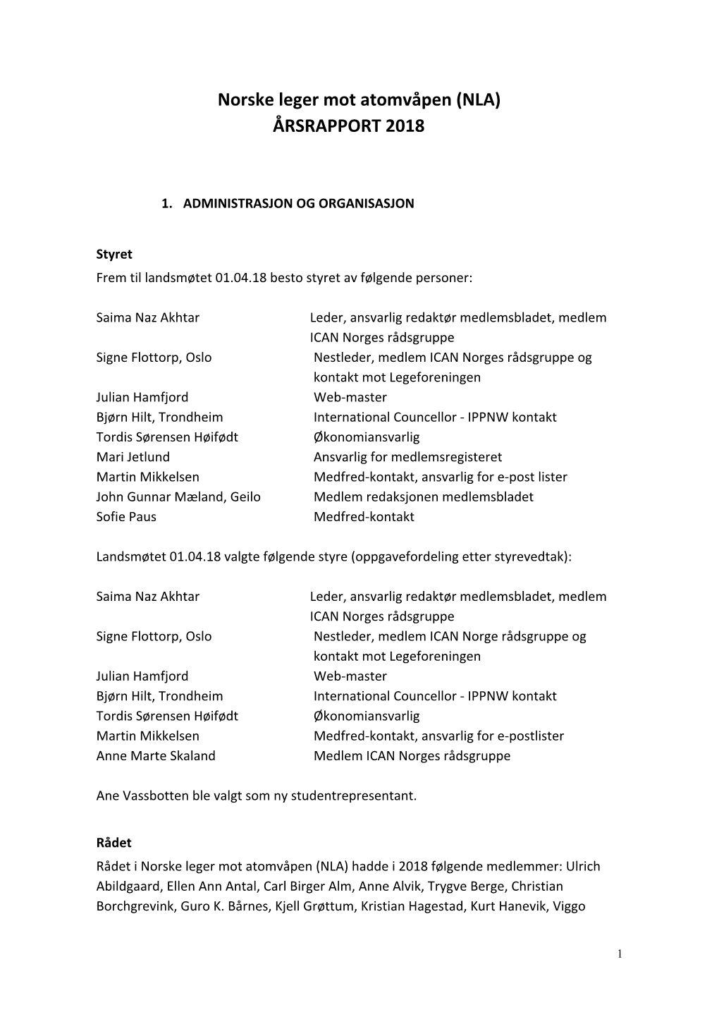 Norske Leger Mot Atomvåpen (NLA) ÅRSRAPPORT 2018