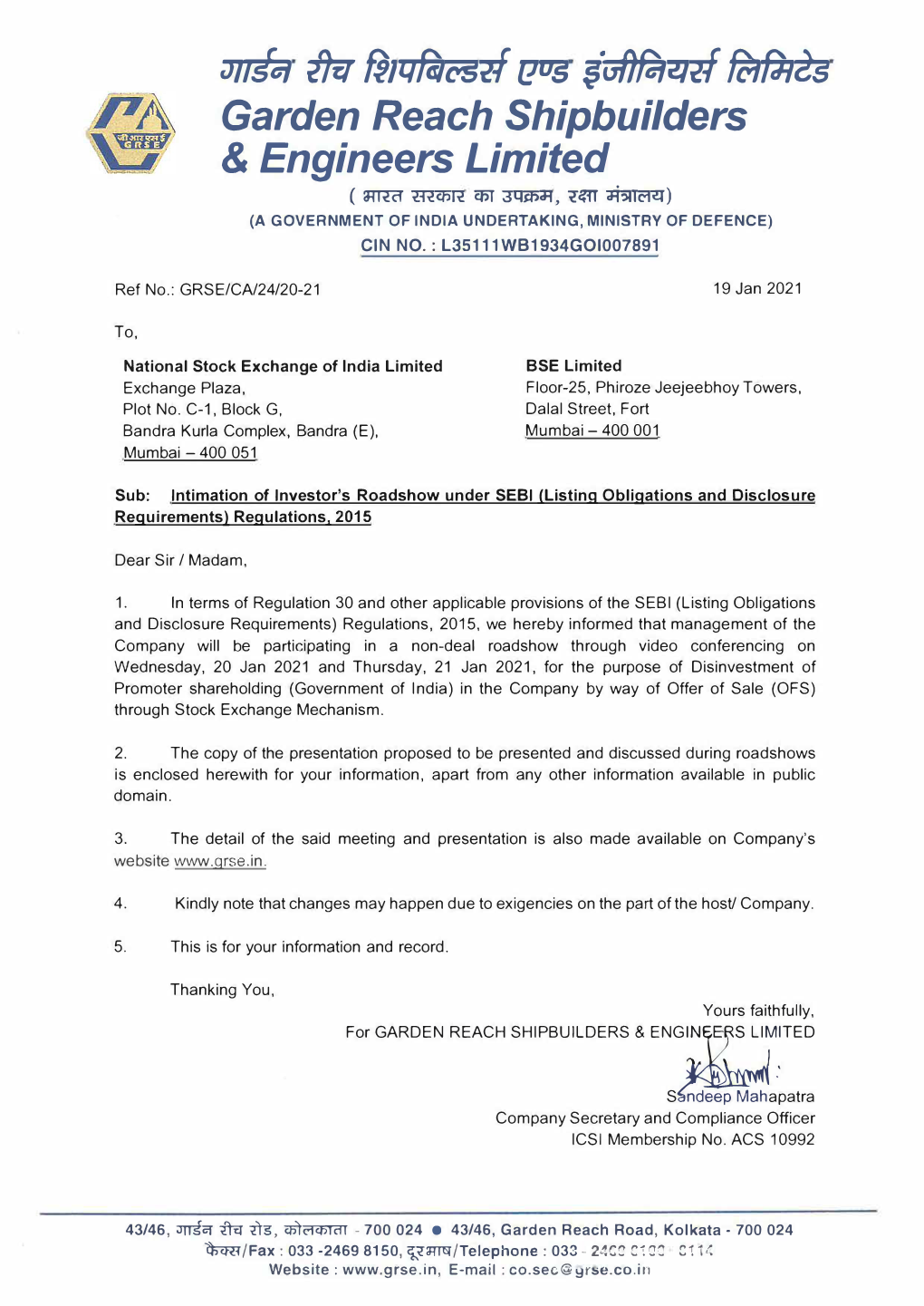 Intimation of Investor's Roadshow Under SEBI (Listing Obligations and Disclosure Requirements) Regulations, 2015