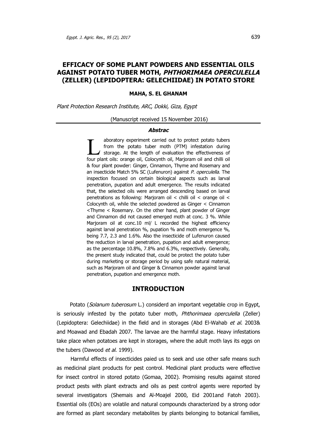 Efficacy of Some Plant Powders and Essential Oils Against Potato Tuber Moth, Phthorimaea Operculella (Zeller) (Lepidoptera: Gelechiidae) in Potato Store