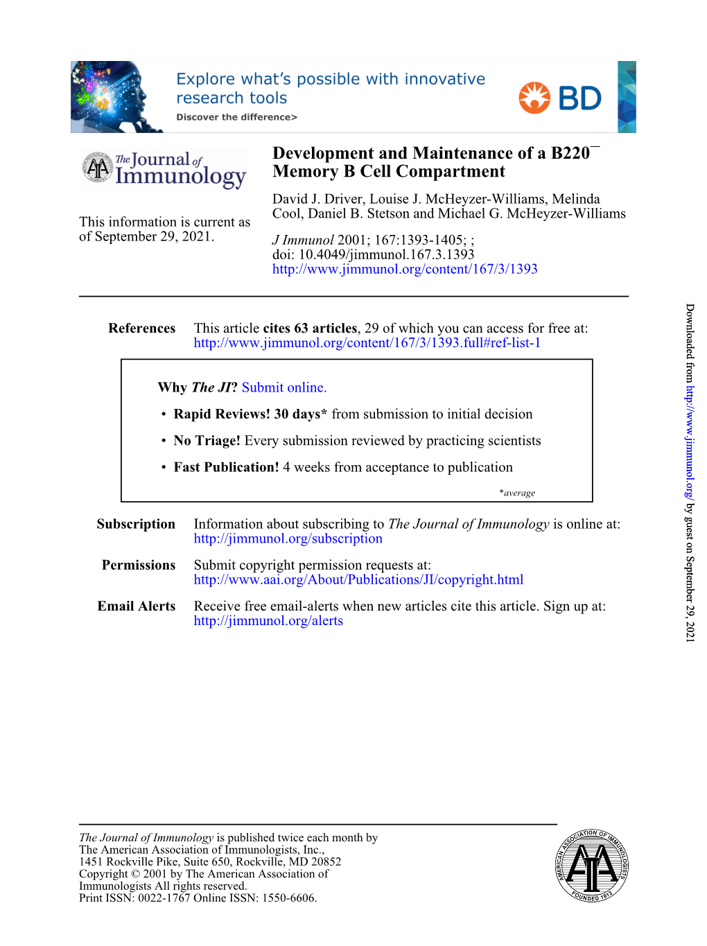 Memory B Cell Compartment David J