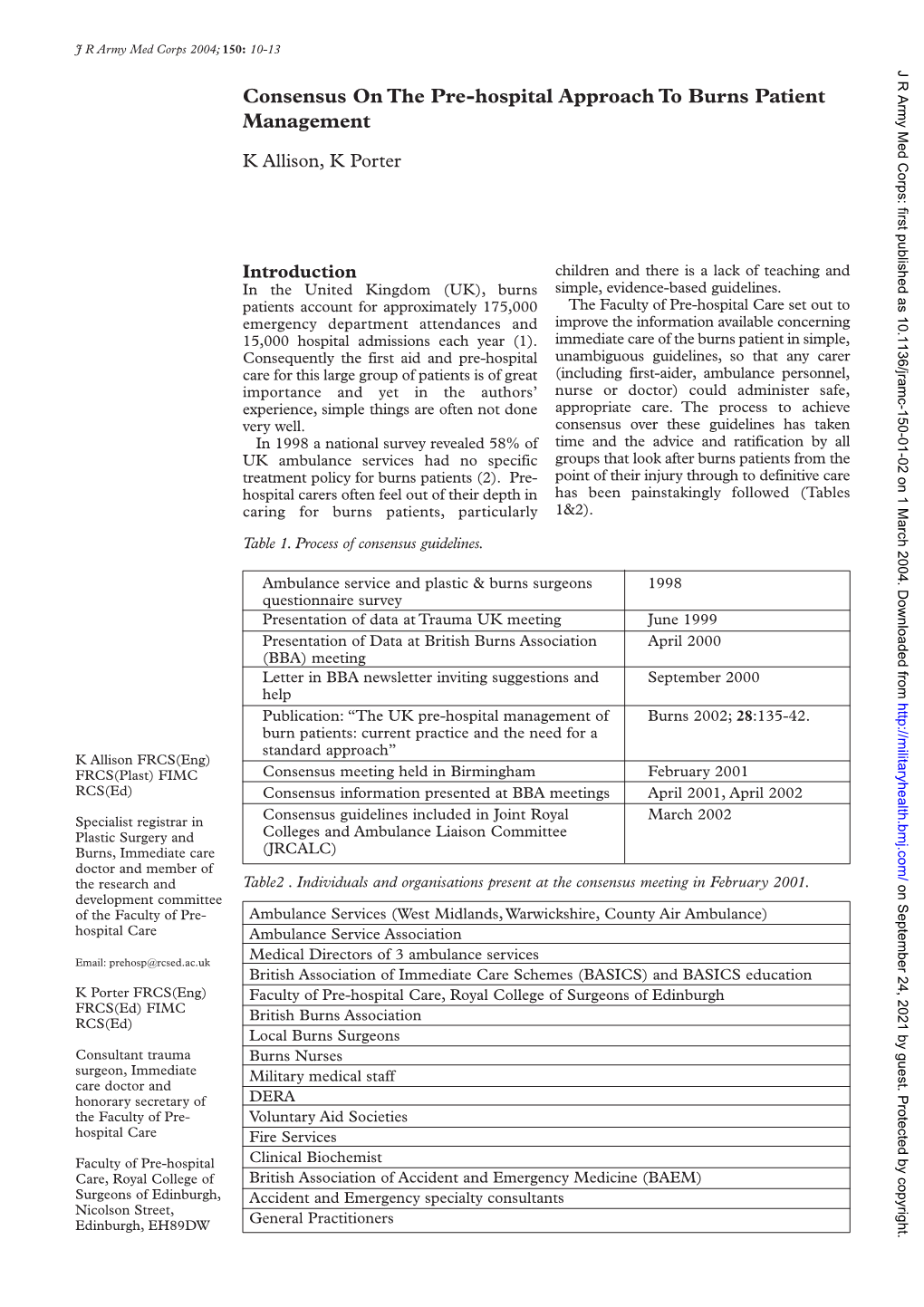 K Allison, K Porter. Consensus on the Pre-Hospital Approach to Burns