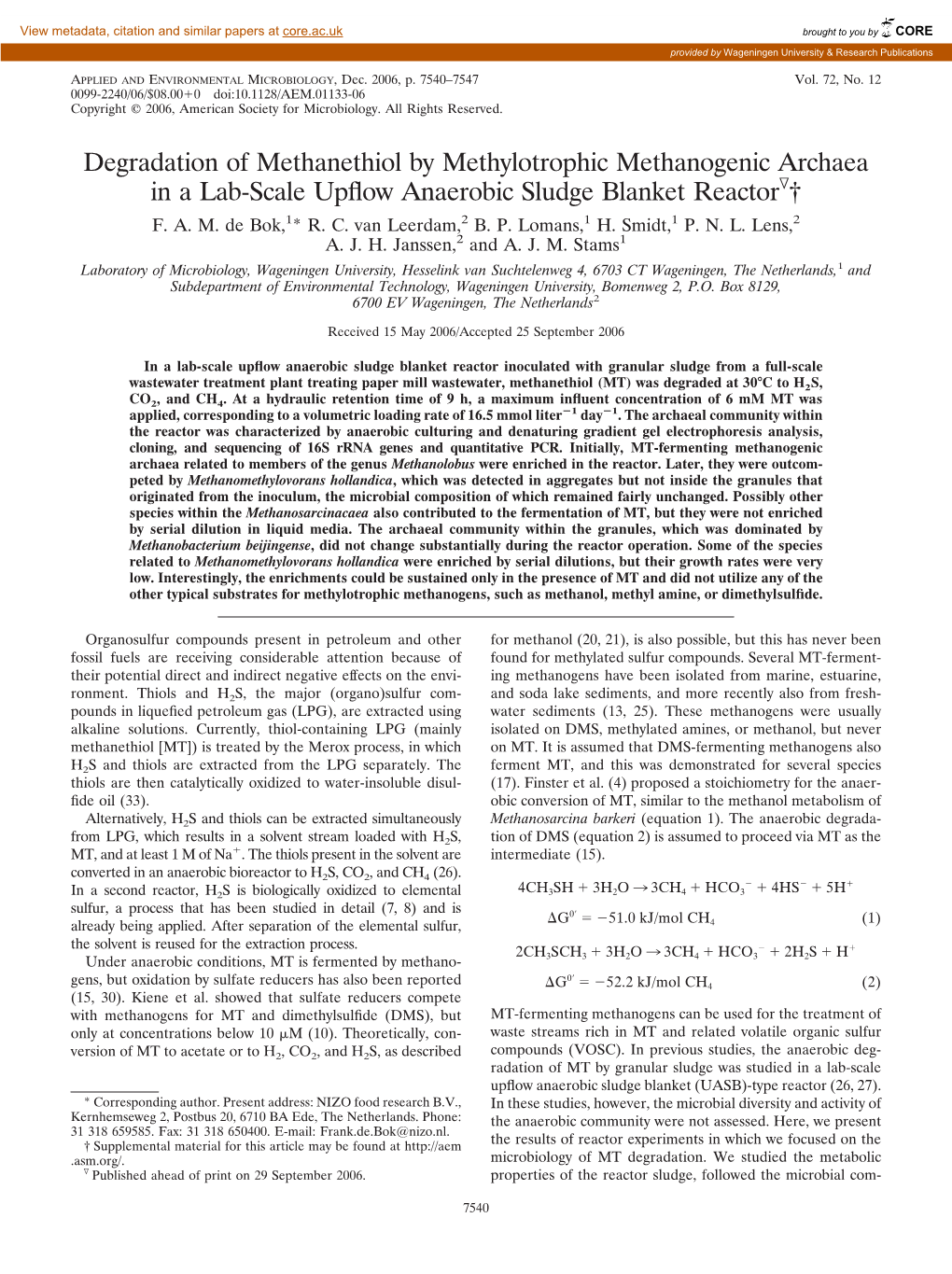 Degradation of Methanethiol by Methylotrophic Methanogenic Archaea in a Lab-Scale Upffow Anaerobic Sludge Blanket Reactor