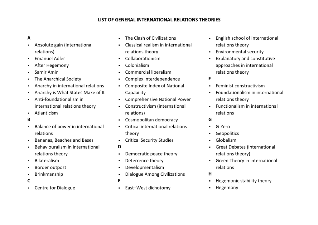 List of General International Relations Theories