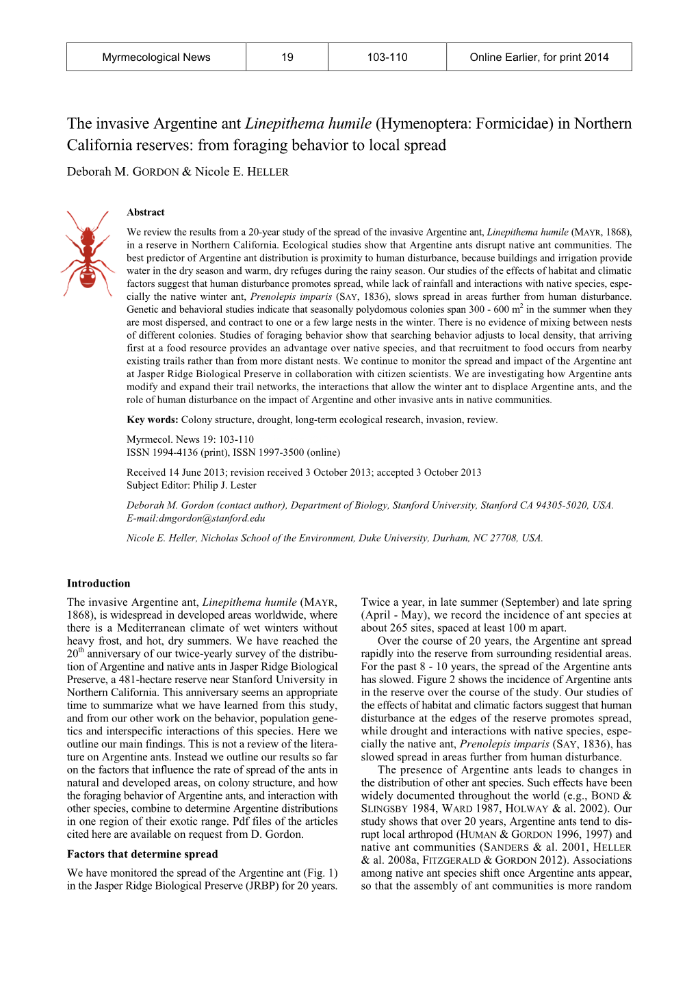 The Invasive Argentine Ant Linepithema Humile (Hymenoptera: Formicidae) in Northern California Reserves: from Foraging Behavior to Local Spread