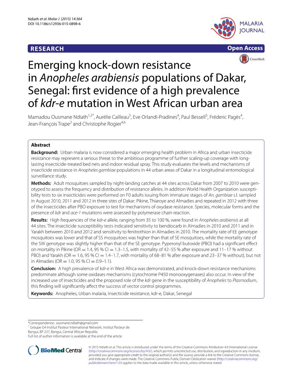 Emerging Knock-Down Resistance in Anopheles Arabiensis Populations of Dakar, Senegal