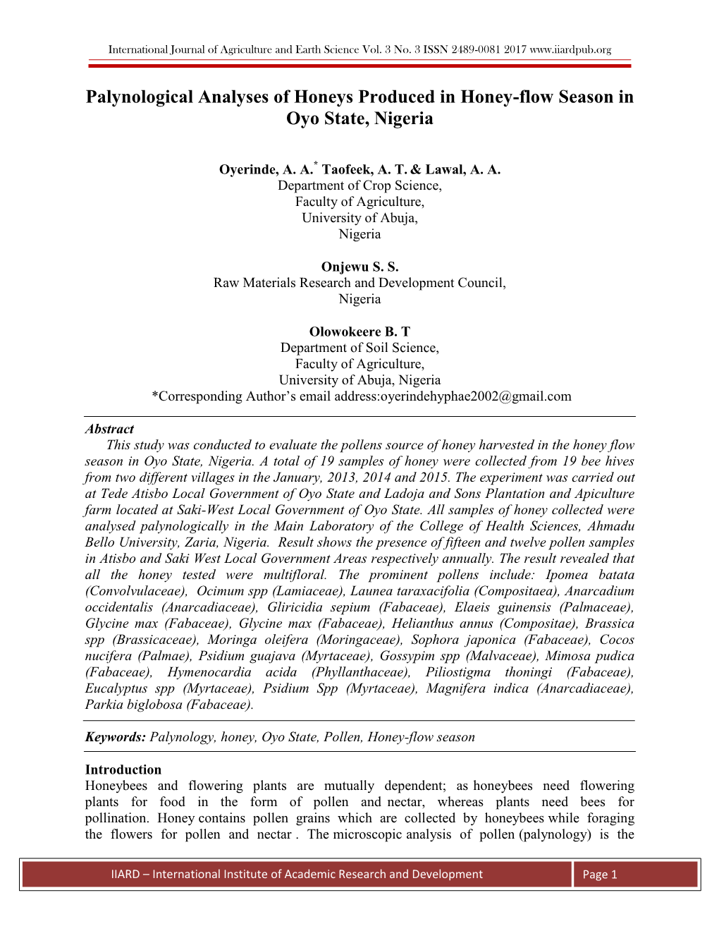 Palynological Analyses of Honeys Produced in Honey-Flow Season in Oyo State, Nigeria