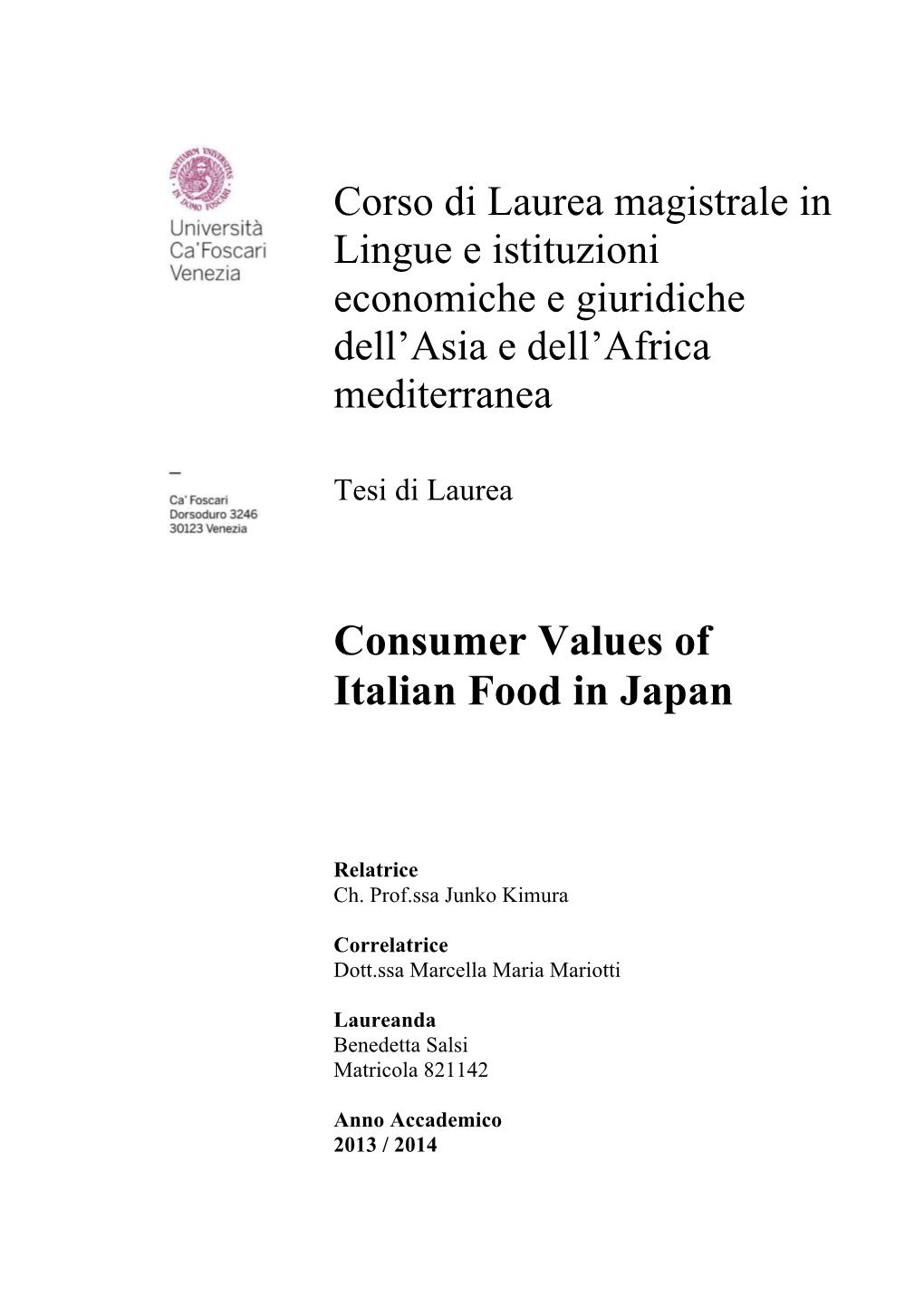Consumer Values of Italian Food in Japan